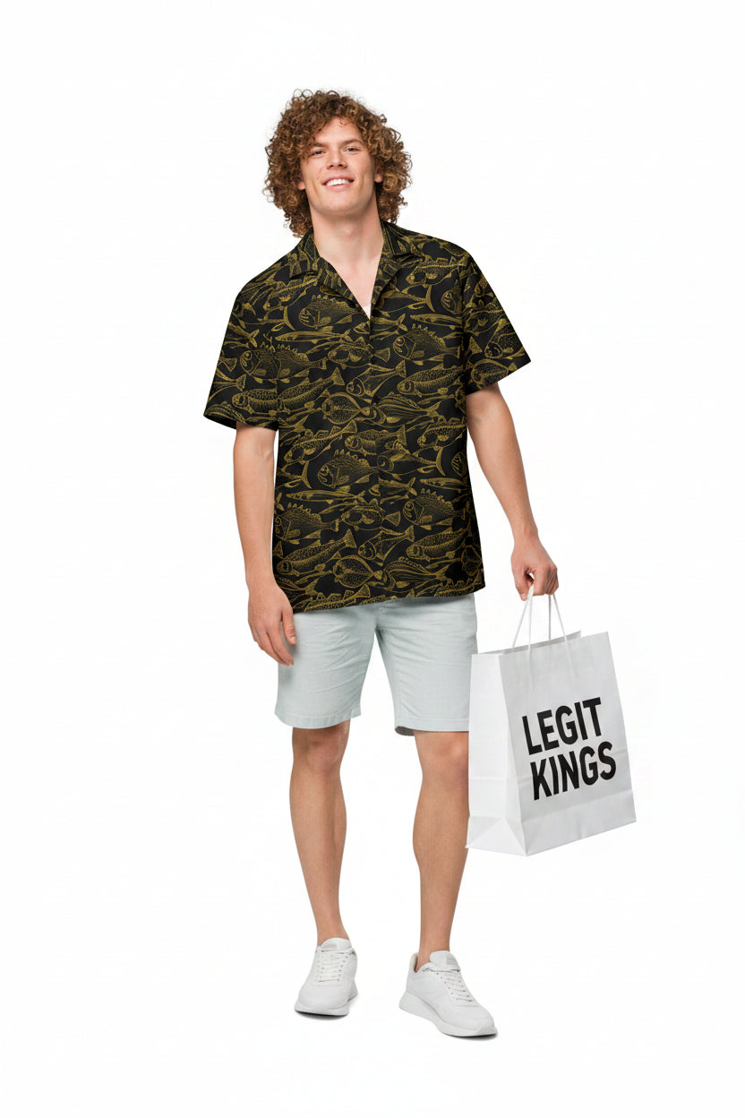 Sea of Gold Riches Hawaiian Button Shirt: Dive into Opulent Ocean Elegance!